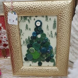 Gold Framed Button Christmas Tree Art
